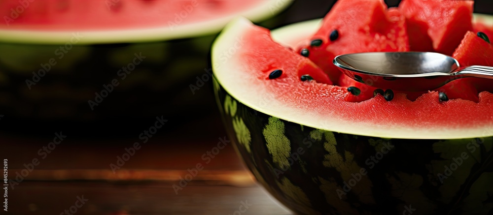 Poster A fork rests on a blurred background behind a sliced watermelon in a ceramic bowl creating a shallow depth of field The image offers copy space