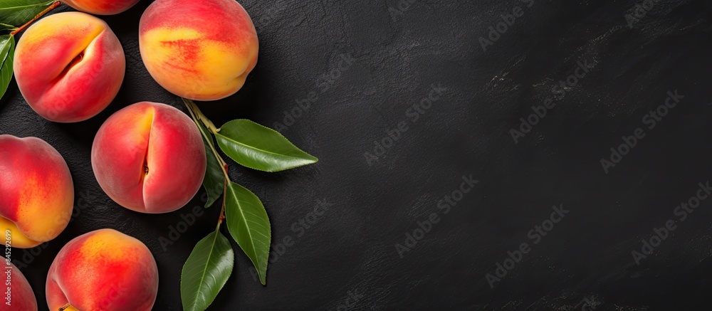 Poster top view of ripe peaches placed on a black stone background creates a wide composition enhancing the