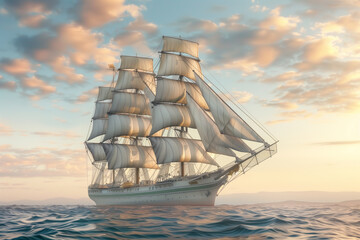 A majestic sailing ship with billowing white sails, captured in the soft light of dawn. The detailed and realistic shot highlights every crease from the wind blowing through the sa
