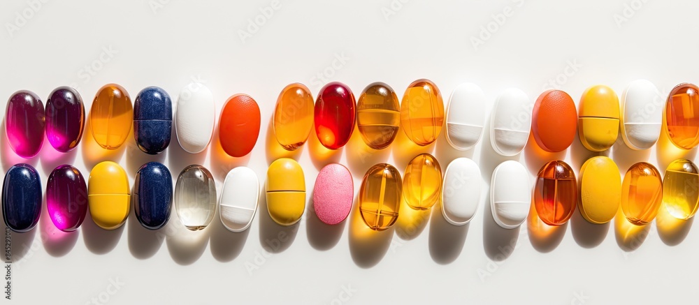 Poster high resolution product image featuring a top down view of a variety of pills with a focus on health
