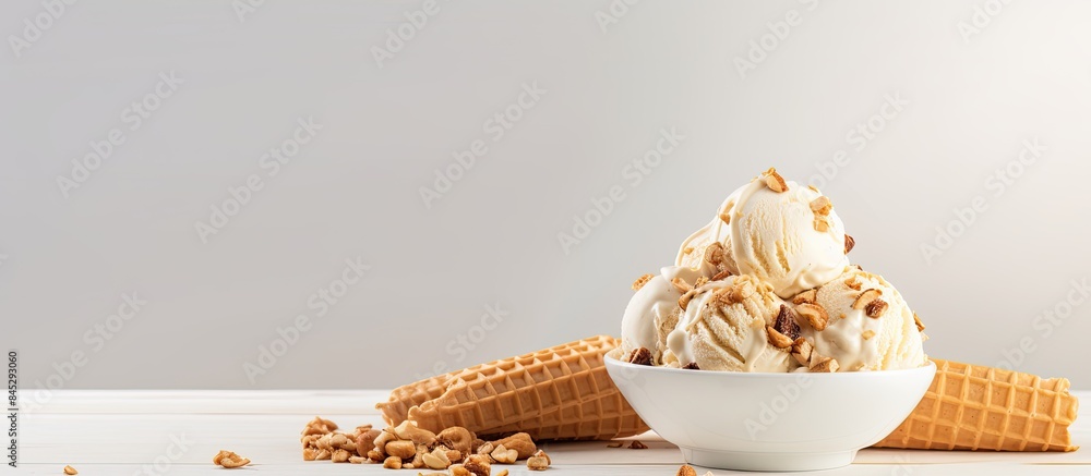Poster a white plate holds a copy space image of peanut butter banana ice cream scoops presented in a white