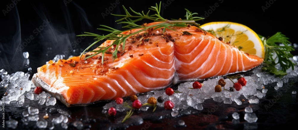 Poster a close up view of salmon or trout steak ready for cooking the fresh raw fish is seasoned with salt 