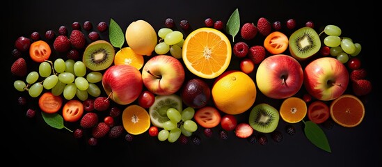 A top down view of a weight loss concept includes a variety of fruits such as apricot cherry kiwi along with honey and jam all set against a black background Ample copy space is available in the imag