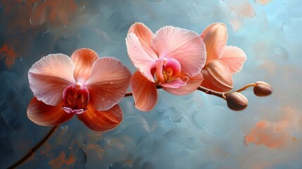 A close-up oil painting of an exotic pink orchid, focusing on the delicate textures and color gradients of the petals.