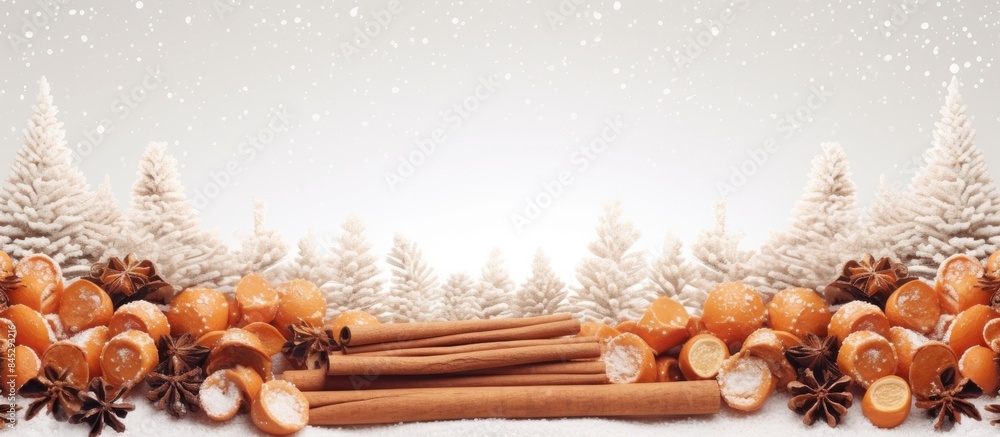 Poster The Christmas background features a festive display of orange cinnamon stick cones with a sprinkle of snow creating a lovely frame with abundant copy space