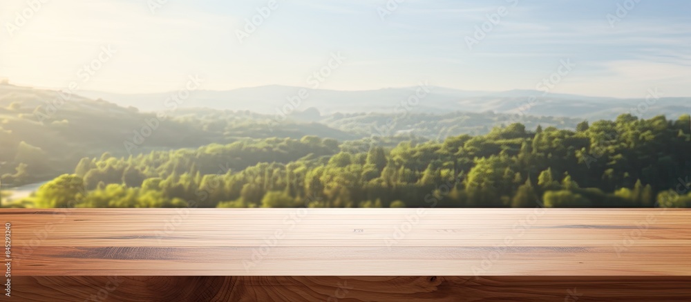 Aufkleber Wooden table with an empty perspective showcasing a mock up display set against a blurred landscape background A perfect copy space image for product representation concept