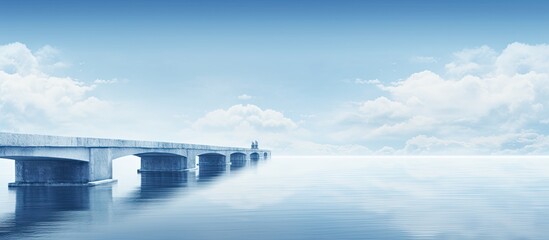 A beam bridge stretches across a serene blue lake with its deck securely held up by abutments or piers There is ample copy space in the image