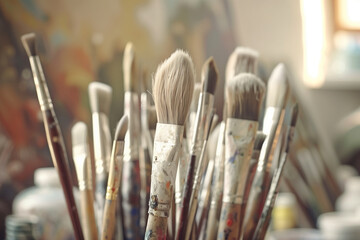 A collection of paintbrushes is arranged in an artist's studio, with a blurred background canvases and pots of paint. The closeup shot brings the brushes into focus, highlighting t