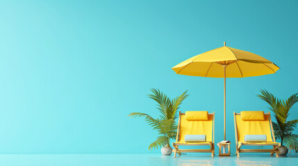 Beach Chairs and Umbrella by the Sea, Enjoying Summer Vacation. web banner copy space Beach yellow umbella