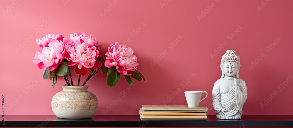 Aufkleber A shelving unit displaying a vase of pink peonies and a figurine is situated near a colorful wall creating a visually appealing scene with copy space image