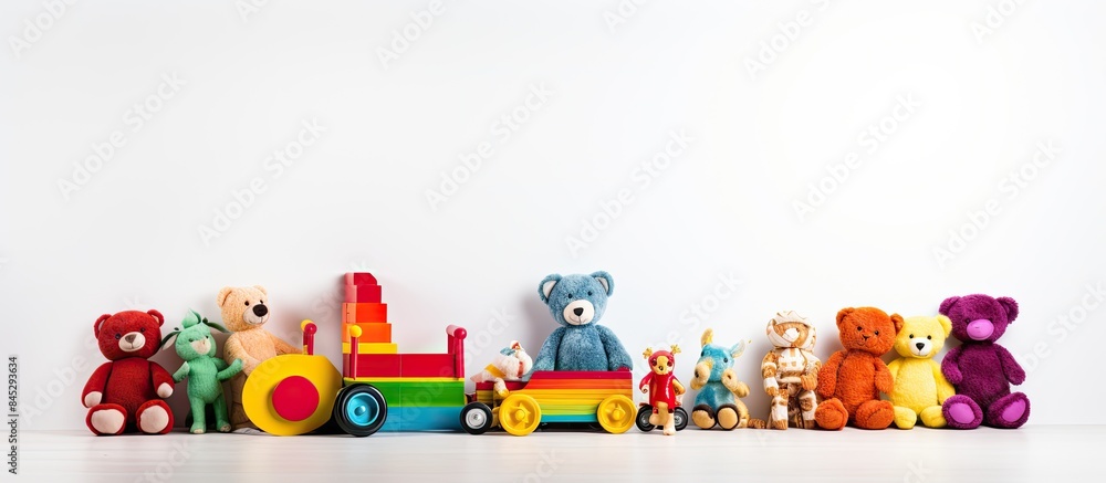 Aufkleber A vibrant assortment of children s toys in a multitude of rainbow colors arranged against a white background creating a cheerful copy space image