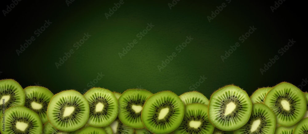 Poster Kiwi fruit slices arranged artistically with a green circular background forming a food frame A copy space image for text perfect as a banner