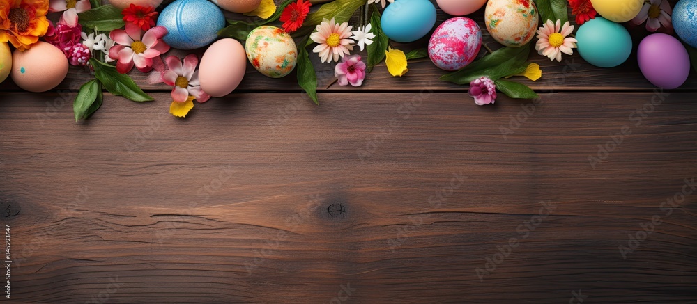 Poster a top down view of a wooden table with a festive easter greeting card surrounded by vibrant eggs pro