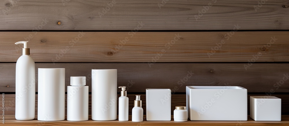Poster A collection of empty white cosmetic containers placed on a wooden background creating a flat lay composition There is ample space for you to design and add your own creative elements to the image