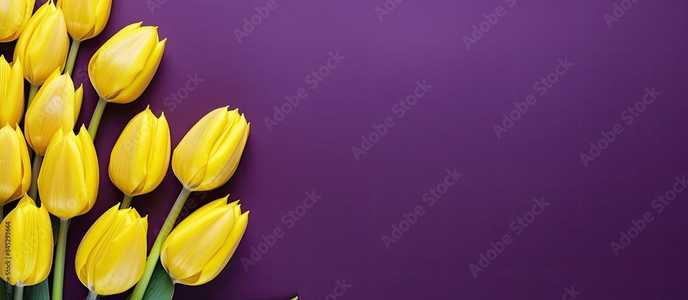 Aufkleber a top down view of yellow tulips contrasting against a vibrant purple backdrop forming a captivating