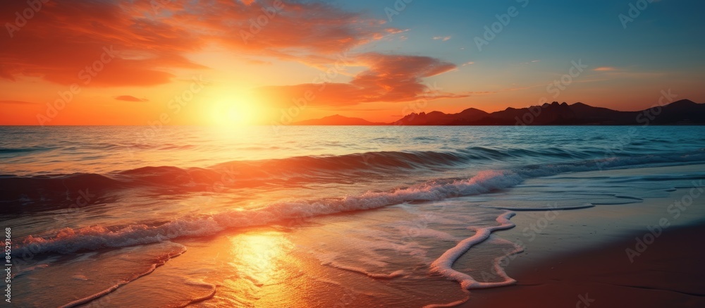 Poster beautiful sunset at the beach with a mesmerizing view of the sun disappearing into the horizon creat