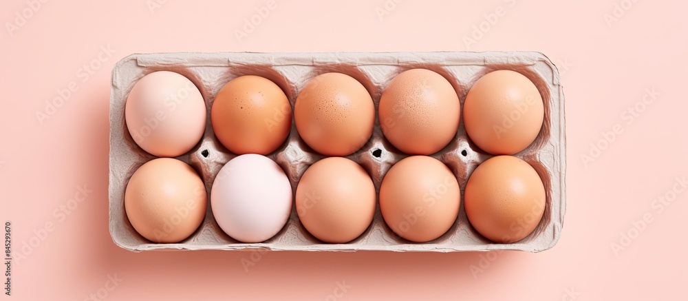 Poster organic eggs in a carton tray are showcased on a pastel pink background highlighting the zero waste 