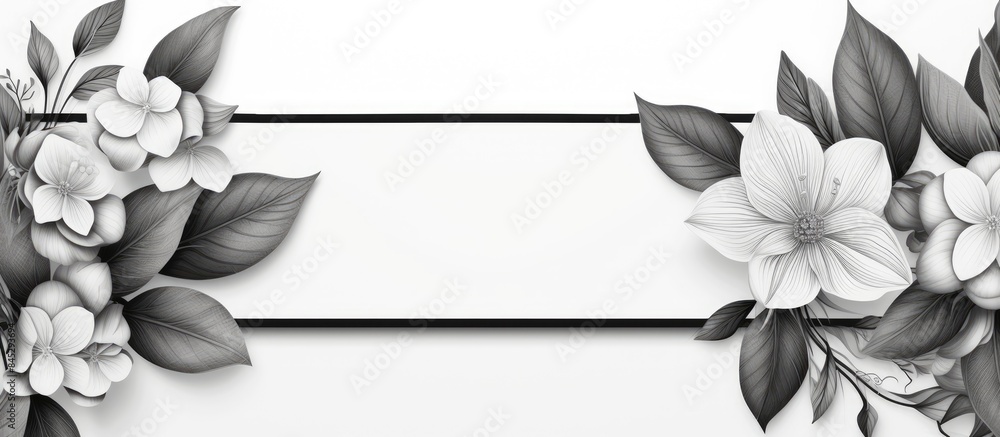 Aufkleber top view of a black and white floral rectangular frame with leaves on a white background perfect for