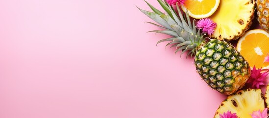 Top view of a tropical flat lay featuring a creative layout of a gold pineapple banana and lemon on a pink background The image showcases exotic food concept and crazy trend with ample copy space