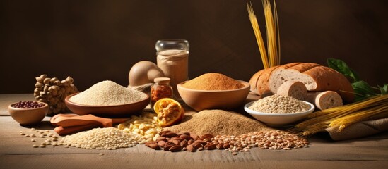 A gluten free diet concept featuring a variety of gluten free grains and carbohydrates specifically for individuals with gluten intolerance Includes copy space for customization