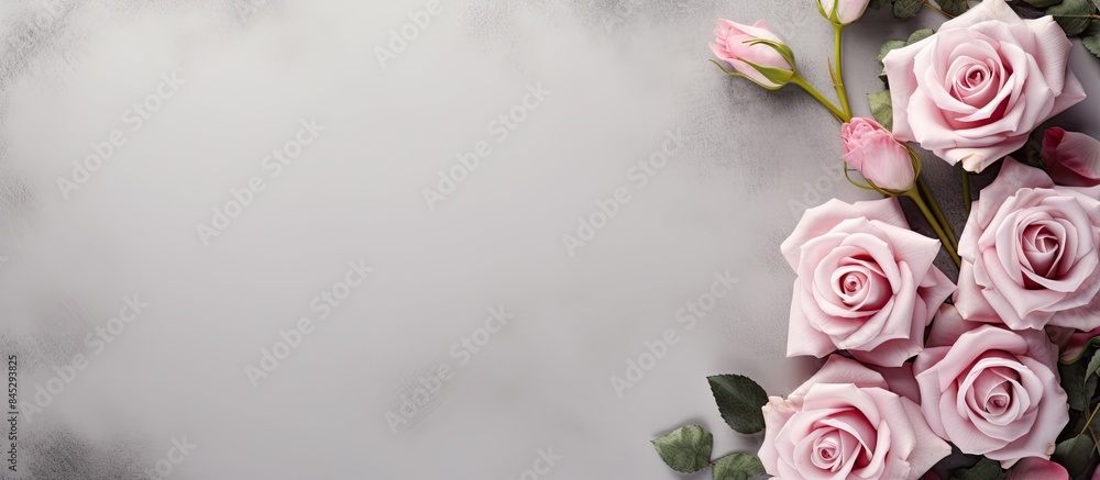 Aufkleber A floral card with a top view of a pink roses frame placed on a vintage gray background The image includes copy space for adding text or other elements