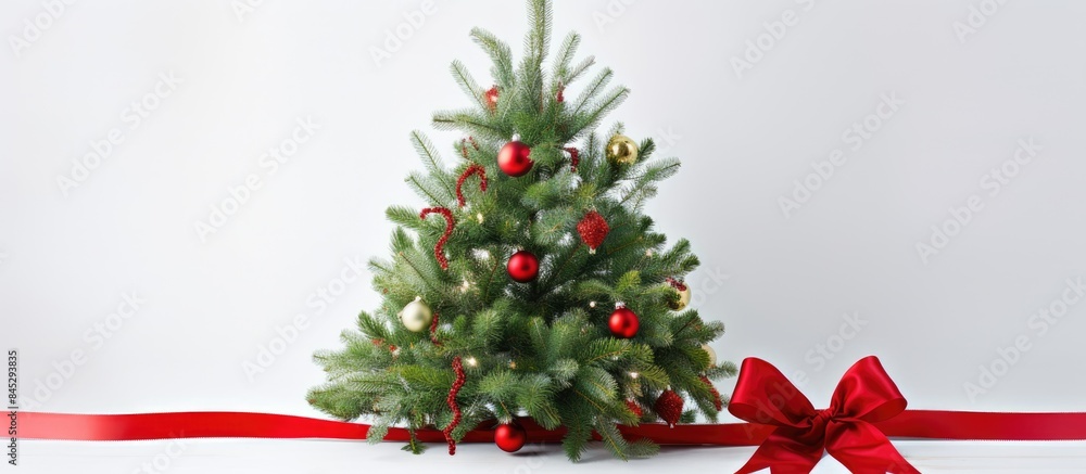 Poster image of a christmas tree adorned with a vibrant red ribbon and lush fir branches set against a clea