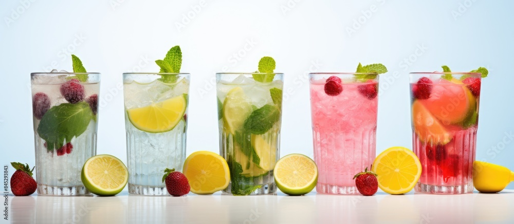 Poster an assortment of lemonades in green blue and pink with strawberry lime and lemon they are displayed 