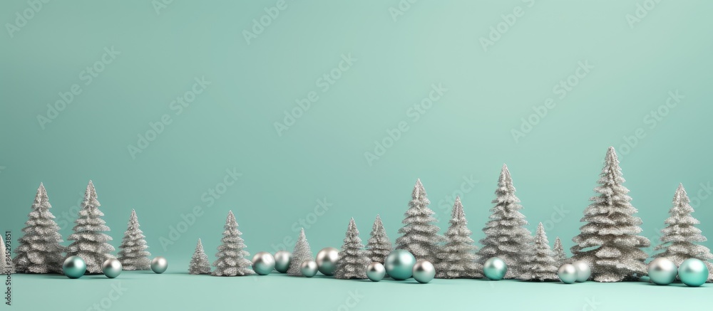 Aufkleber a horizontal flat lay copy space image showcases silver christmas trees made from cones on a mint ba