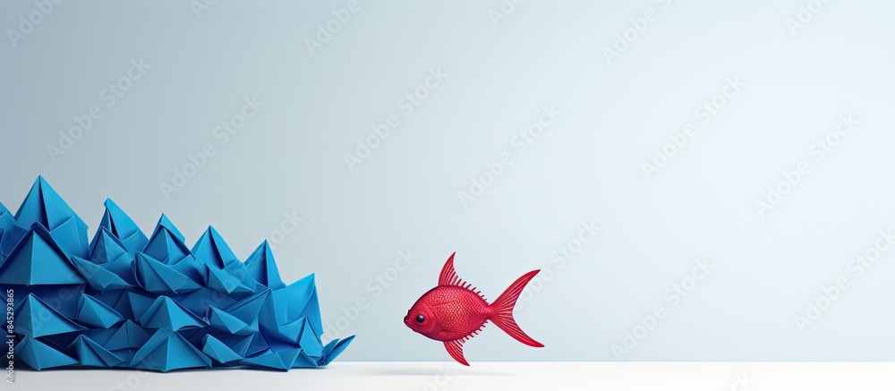 Poster a red paper origami fish sits on a white background leading a group of blue origami fish the image d