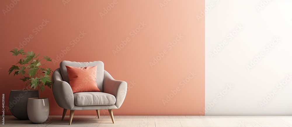 Poster in the room there is an armchair adorned with various pillows positioned near a white wall alongside