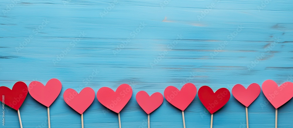Leinwandbilder a flat lay top view of a blue background with red and pink heart shaped paper cutouts attached to wo