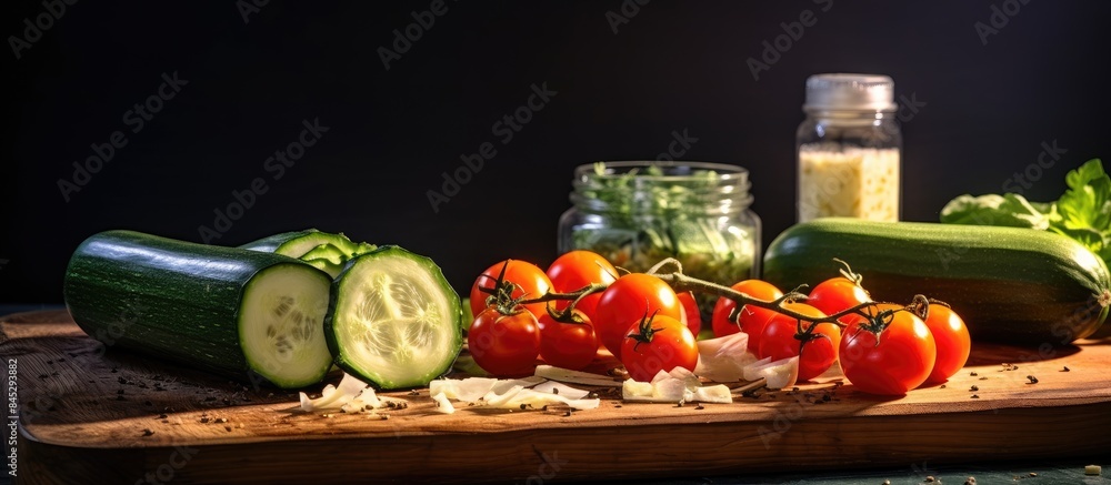 Poster a copy space image of diced and sliced courgette zucchini placed on a wooden cutting board tomatoes 