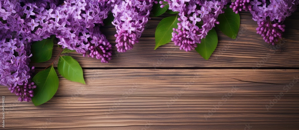 Poster copy space image of a purple lilac branch on a wooden background creating a blank greeting card with