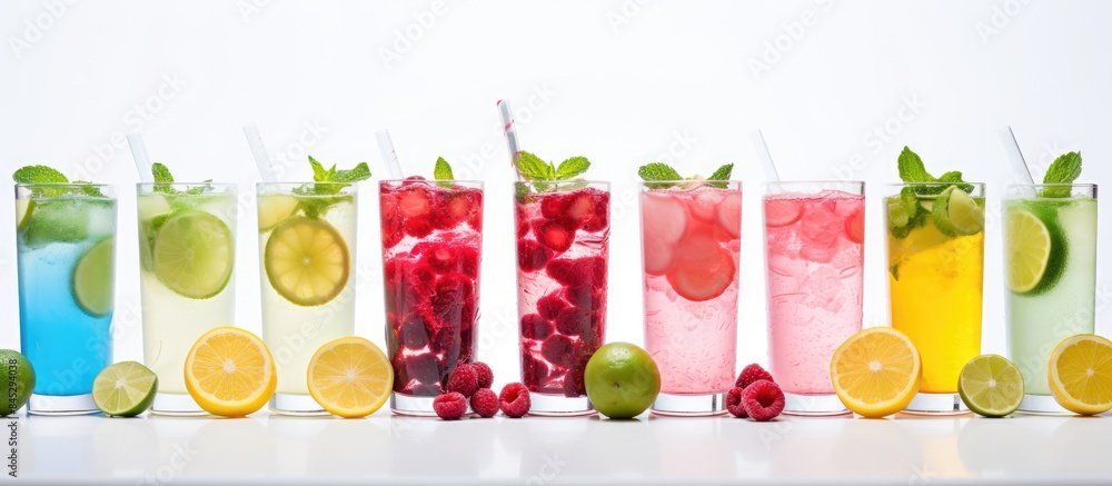 Poster an assortment of lemonades in green blue and pink with strawberry lime and lemon they are displayed 