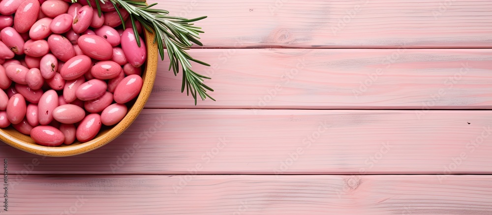 Aufkleber a pink olives and fresh rosemary arrangement in a small bowl is presented on a light wooden backgrou