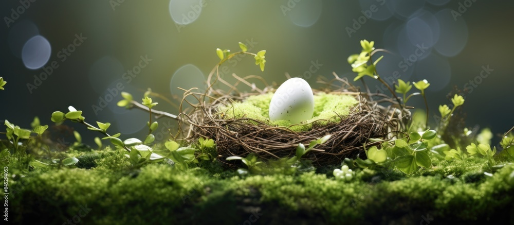 Poster easter concept background with a bird nest filled with green eggs and one white egg the image is per