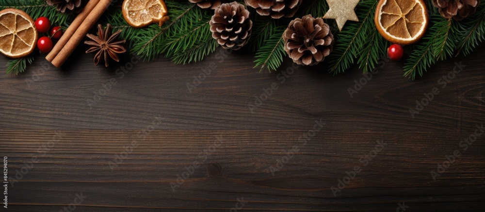 Poster top view of a christmas themed background featuring fir branches pine cones christmas cookies cinnam