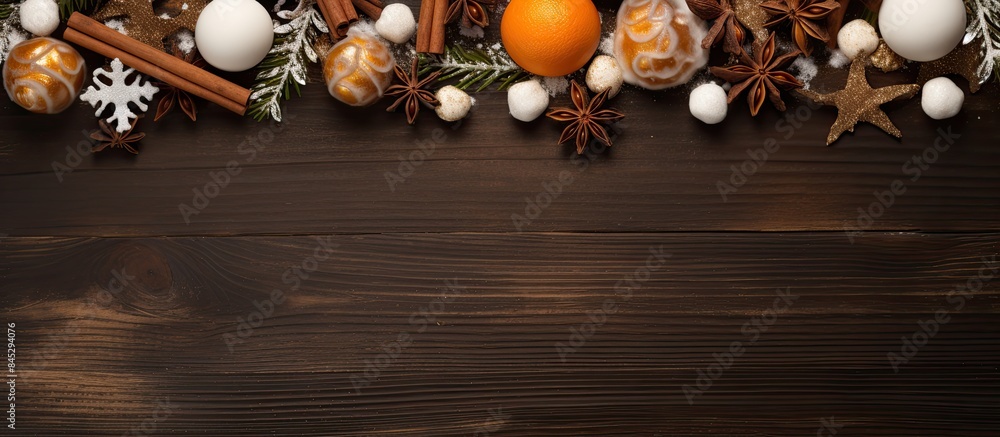 Poster A flat lay composition of tangerines and cocoa with marshmallows golden balls cones cinnamon and an anise star on a wooden board with a brown fur background creating the perfect New Year copy space i