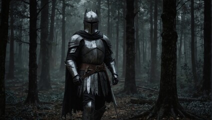 Fototapeta premium Dark, scary, mysterious knight wearing armor, in the dark, wicked forest