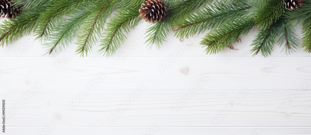 Poster christmas wallpaper with fir branches placed on a white wooden background captured in a flat lay per