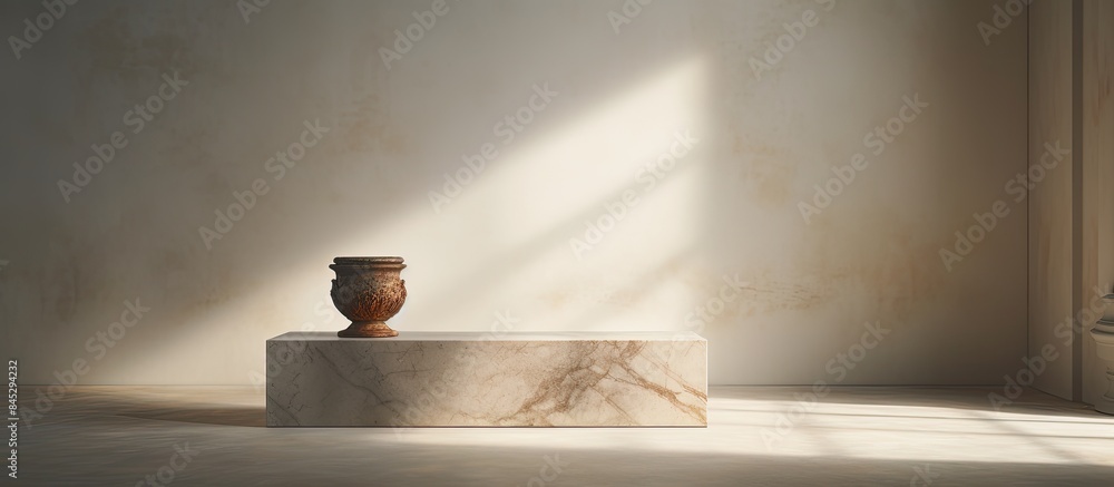 Aufkleber the image showcases a gray stone pedestal placed on a marble desk against a wall with a window casti