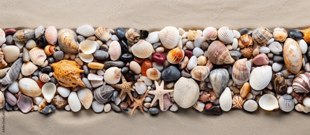 Fototapete there are numerous stones and sea shells spread out in various patterns a copy space image showcases