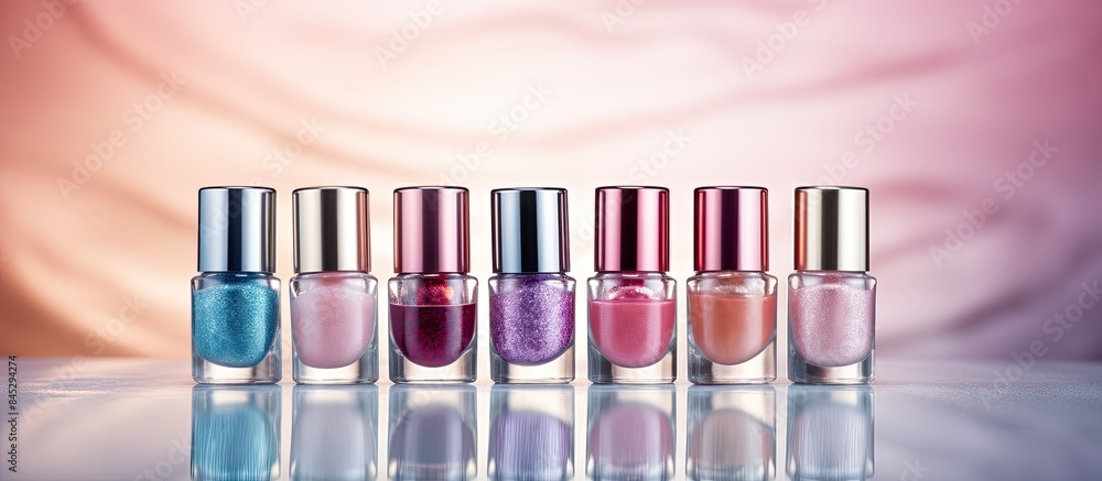 Poster fashion forward nail polishes in stunning colors boasting shine and reflections arranged with care i