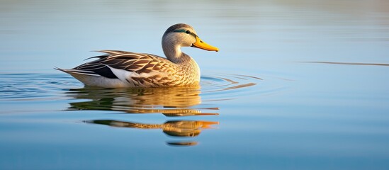 Fototapeta premium A peaceful mallard duck gracefully stands in the calm waters of a tranquil lake where small water bugs skitter across the surface No copy space image
