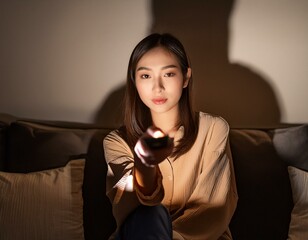 暗い部屋でテレビを見る女性