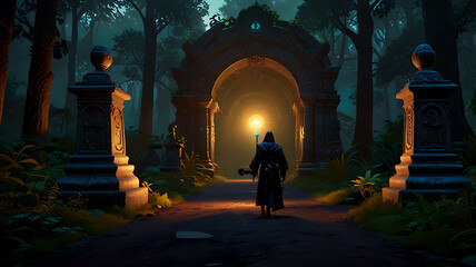 A spirit wearing a hoodie is deep in the woods in the darkness of Halloween night