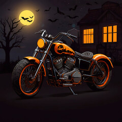 A ghostly scene with a yellow moon and some bats flying in the sky, a motorbike parked in front of a ghostly