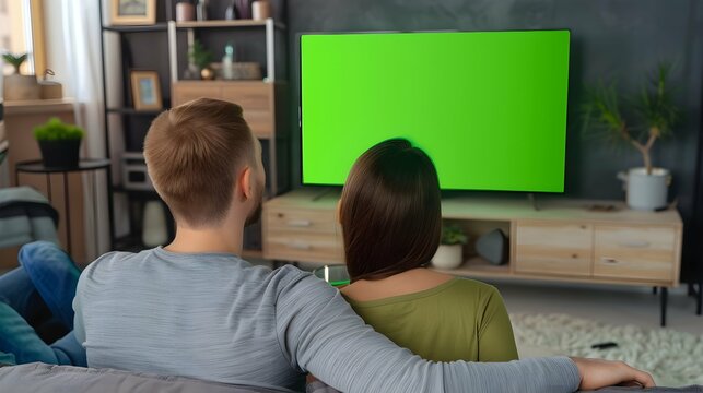 Caucasian people watching green screen layout on tv display in living room at home. Young man and woman looking at copy space and chroma key for isolated template and mockup background