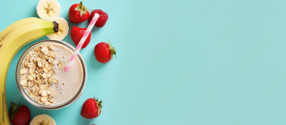 Aufkleber A top view of a healthy breakfast smoothie made with oat banana and pomegranate on a blue background It is a nutritious diet milkshake with protein perfect for a refreshing start to the day The image