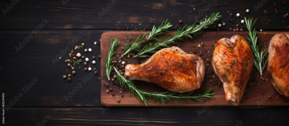 Leinwandbilder a top down view of chicken legs resting on a cutting board surrounded by rosemary and spices ample e